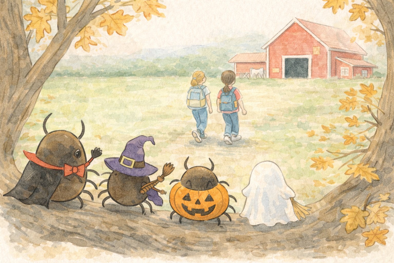 Costumed ticks follow children near a Vermont barn in autumn