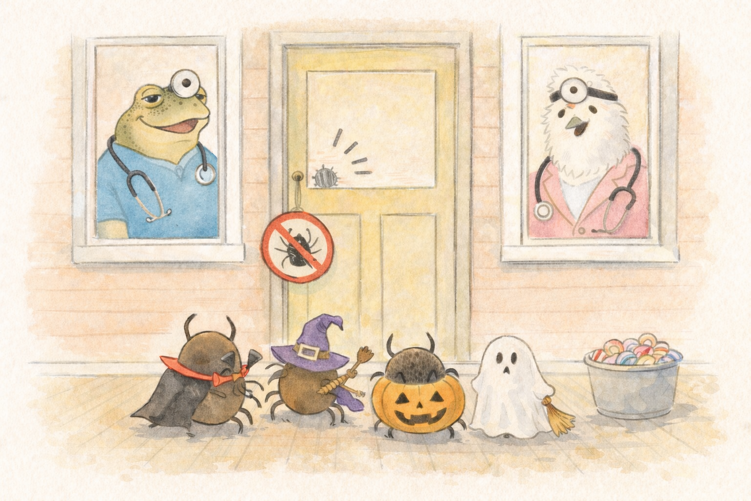 Toad and Hen watch as costumed ticks approach the door