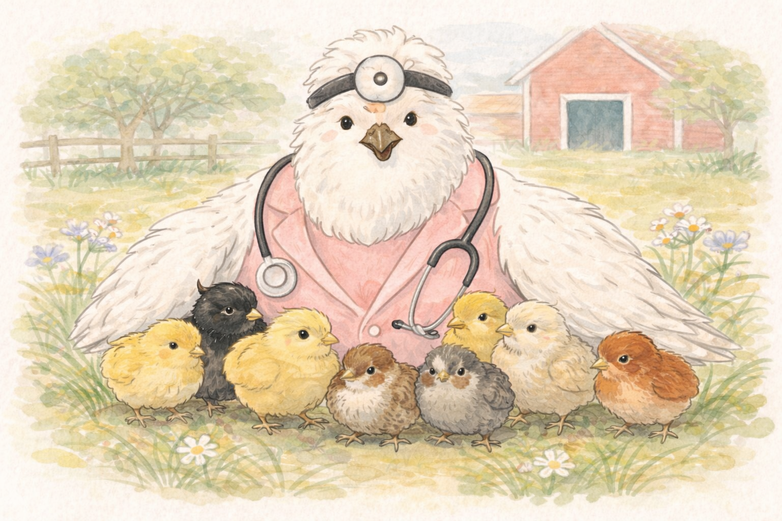 Hen the silkie with her mismatched brood of chicks on the farm