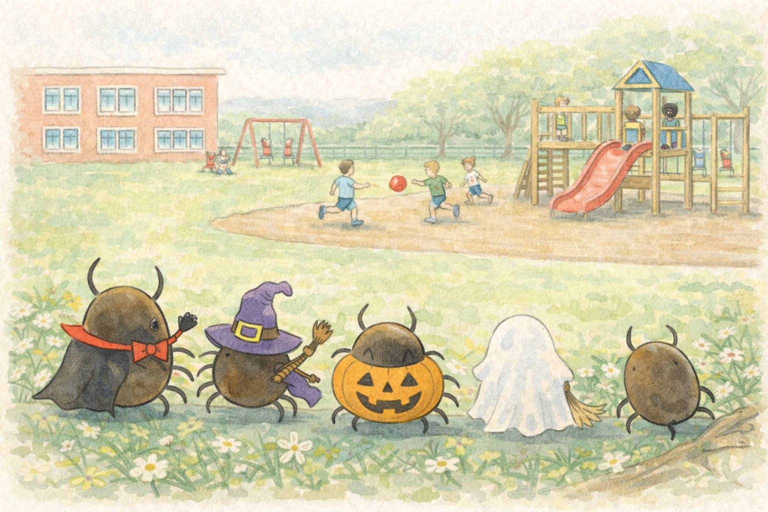 Costumed ticks lurk in the grass while children play