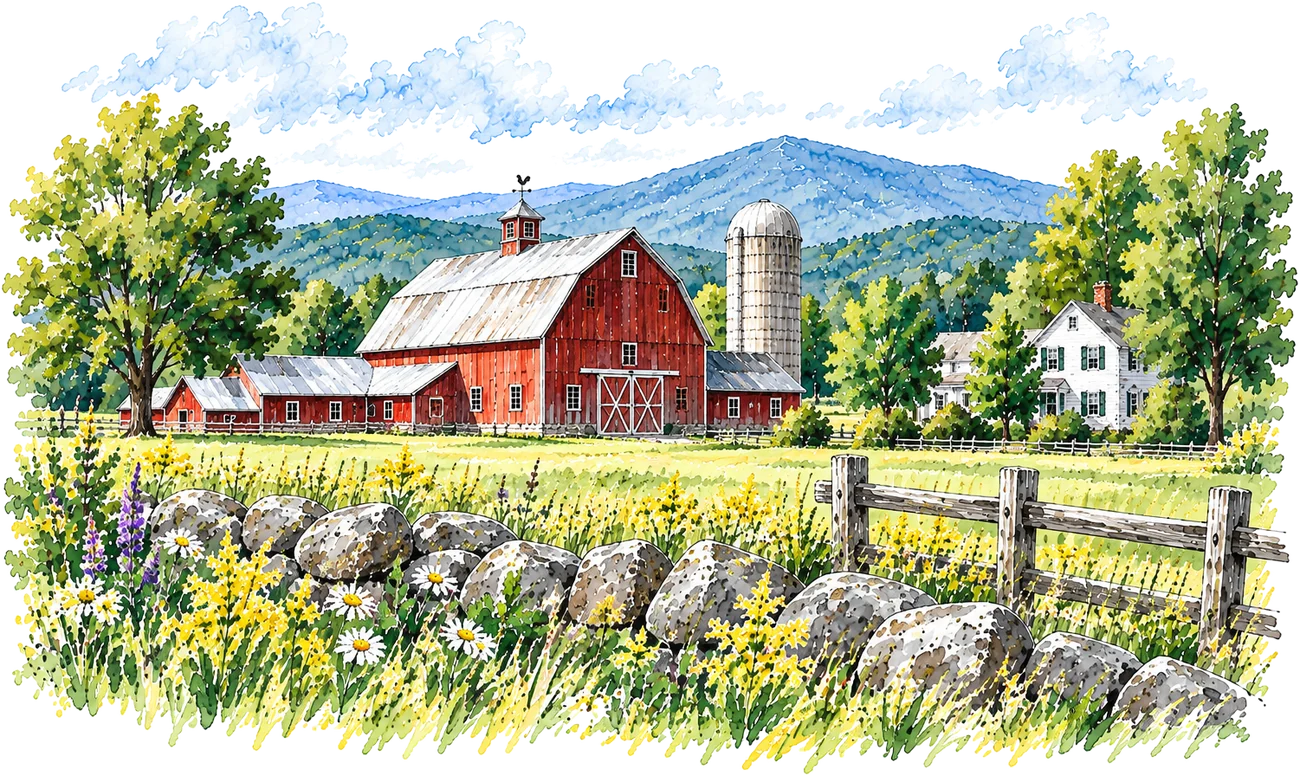Watercolor of a red barn and silo behind a stone wall and split-rail fence, with mountains beyond.