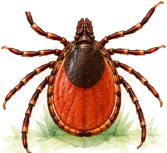 Adult female blacklegged tick seen from above, showing the plain dark shield and reddish body.