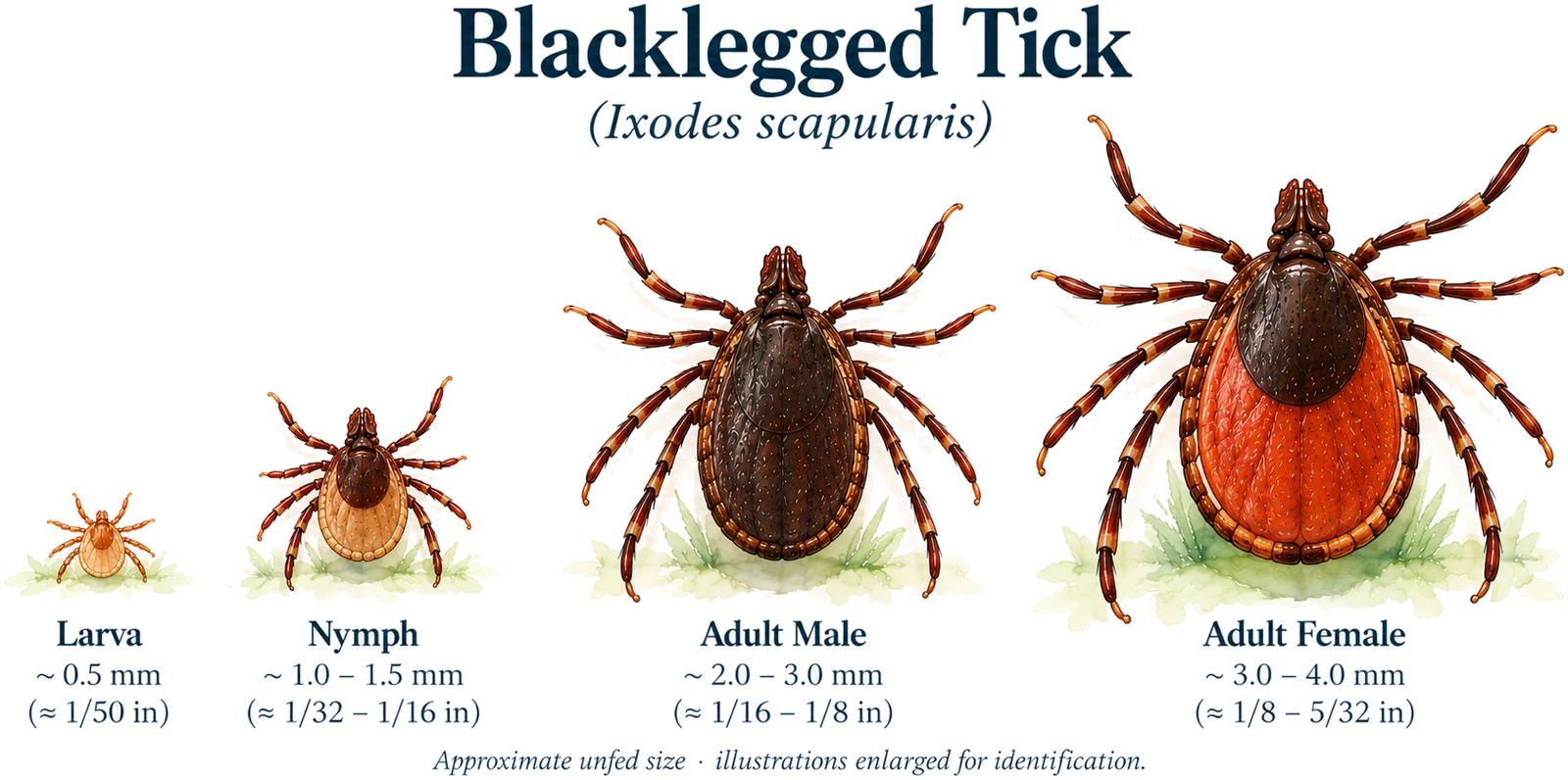 Watercolor plate of the blacklegged tick at four life stages: larva, nymph, adult male and adult female, with approximate unfed sizes.
