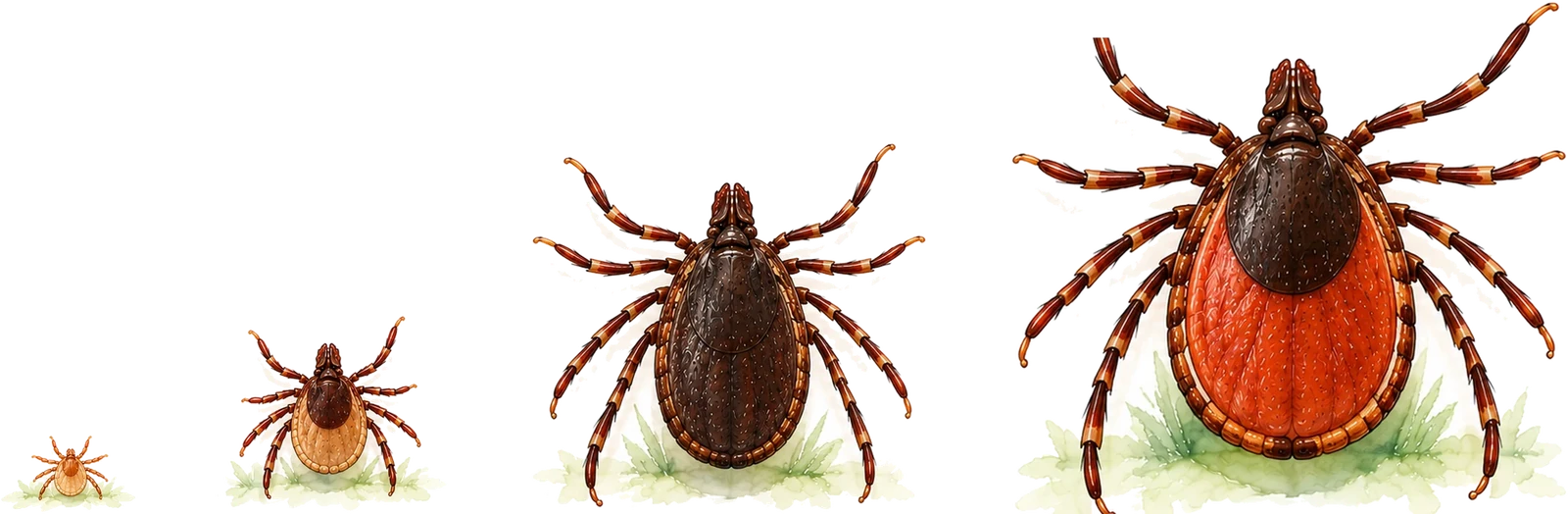 The four blacklegged tick life stages drawn to true relative scale: a larva barely visible beside the nymph, and both dwarfed by the adult male and female.