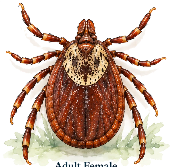 Adult female American dog tick seen from above, showing the mottled pale shield behind the head.