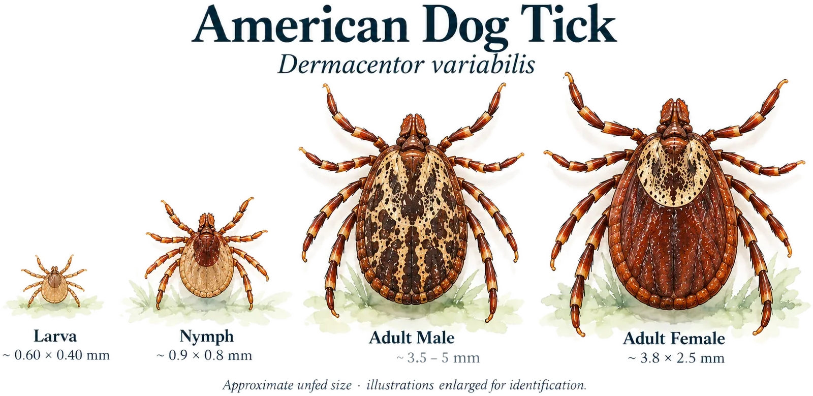 Watercolor plate of the American dog tick at four life stages: larva, nymph, adult male and adult female, with approximate unfed sizes.