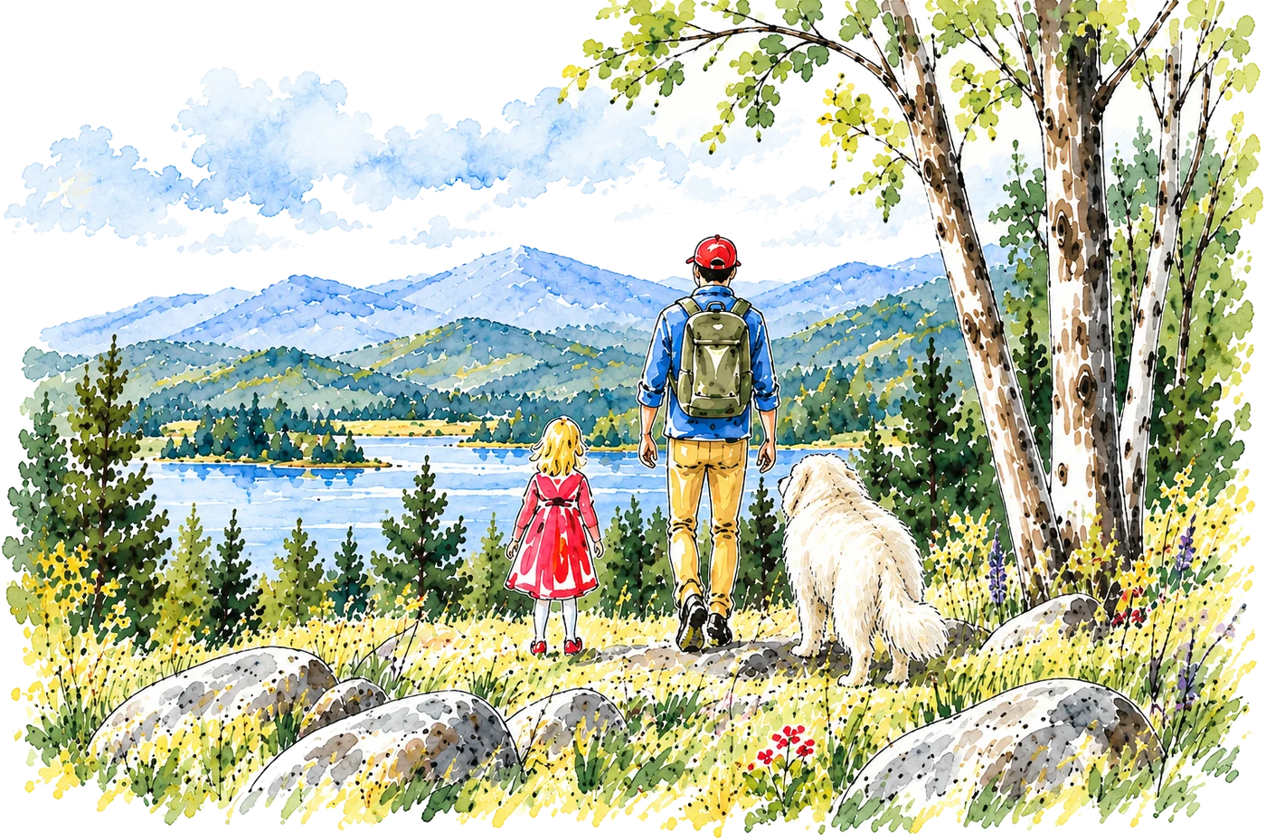 Watercolor of a parent, a child in a red dress, and a large white dog looking out over a lake and low mountains.