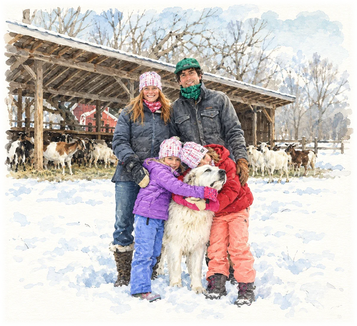 Watercolor of Lucas Farrell and Louisa Conrad with their two daughters and a large white livestock guardian dog, standing in the snow in front of the goat barn in winter.