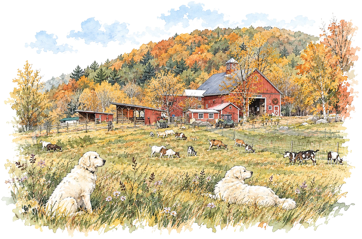 Watercolor of a Vermont hill farm in autumn: a red barn and outbuildings below a hardwood ridge in full colour, a fenced pasture of grazing goats, and two large white livestock guardian dogs resting in the tall grass in the foreground.
