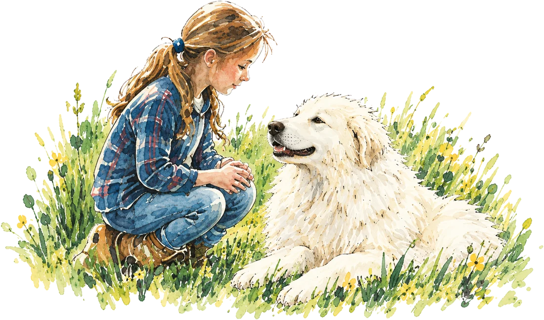 Watercolor of a girl crouched in tall grass, face to face with a large white dog lying beside her.