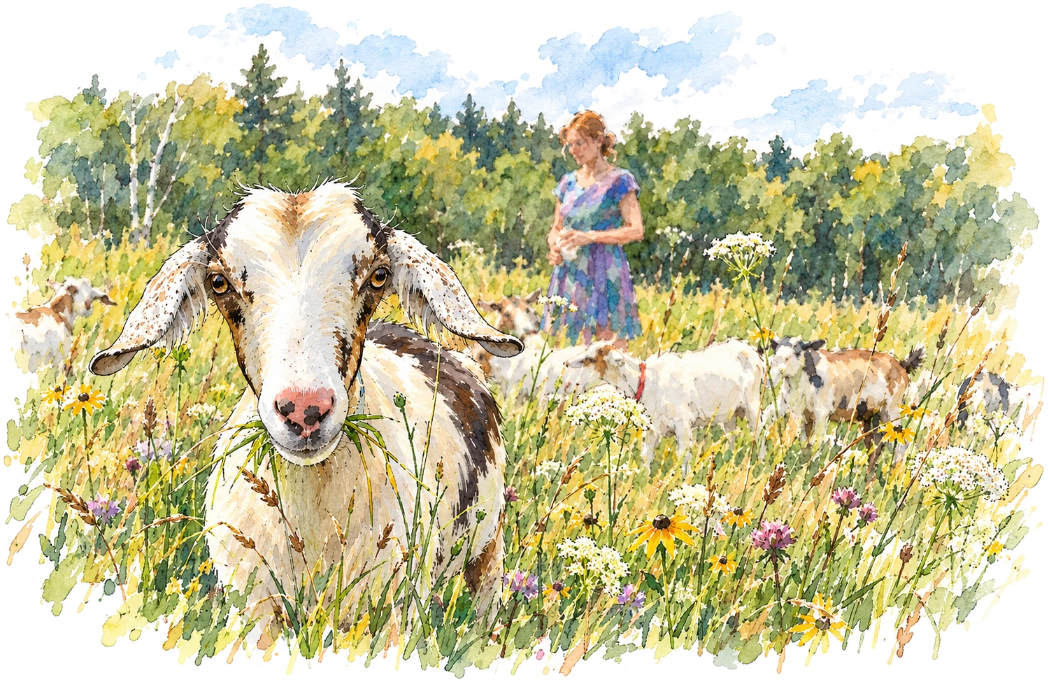 Watercolor of a goat looking directly at the viewer from a summer meadow of daisies and clover, with the rest of the herd and a figure in the background.