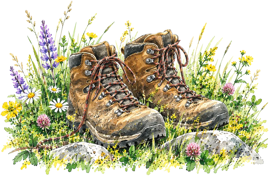 Watercolor of well-worn hiking boots in tall grass and wildflowers.