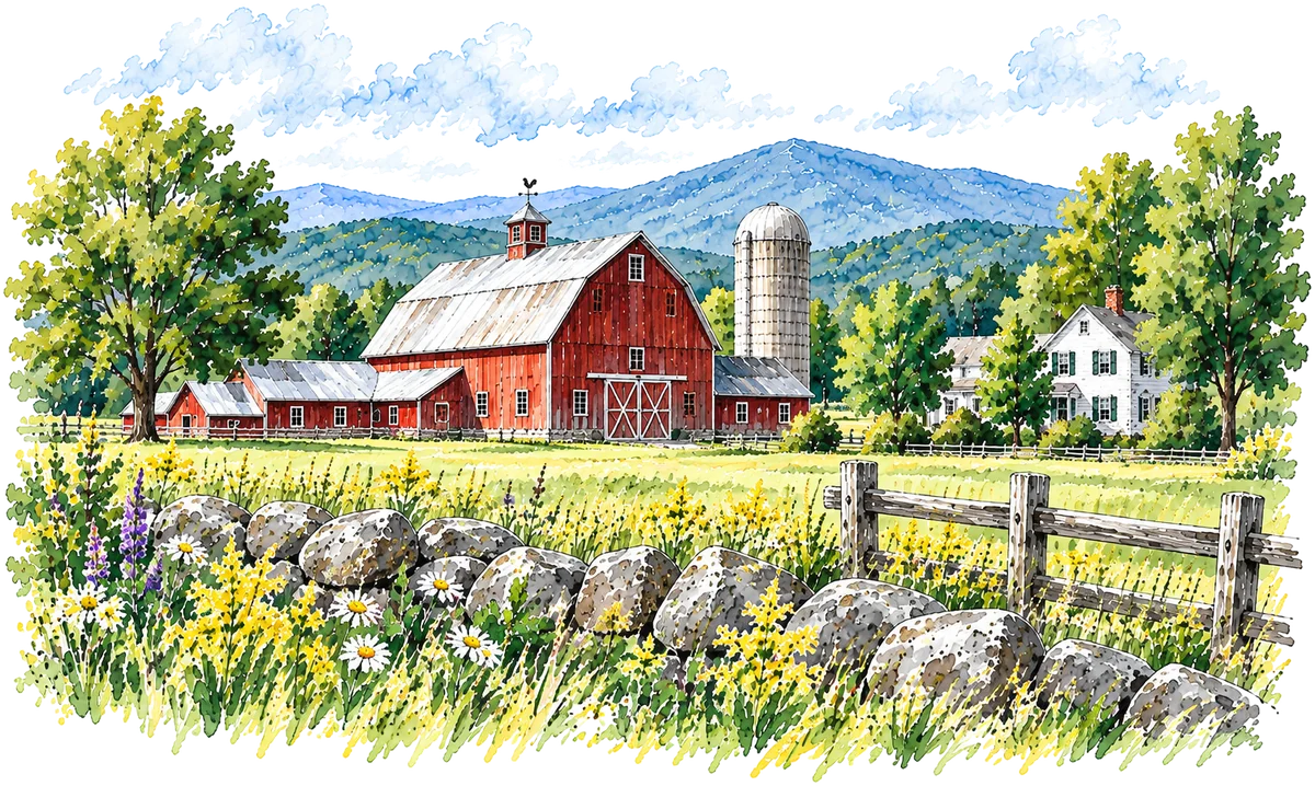 Watercolor of a red barn, silo, and white farmhouse behind a stone wall and split-rail fence, with mountains beyond.