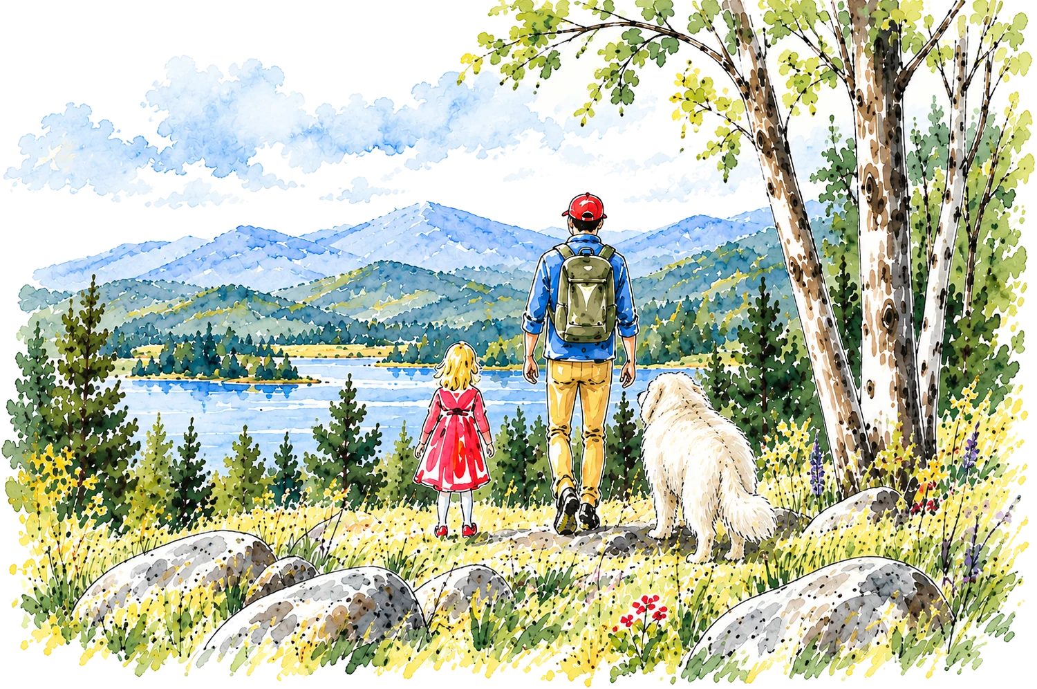 A watercolor of a parent, a child in a red dress, and a large white dog looking out over a lake and low mountains from a grassy hillside.
