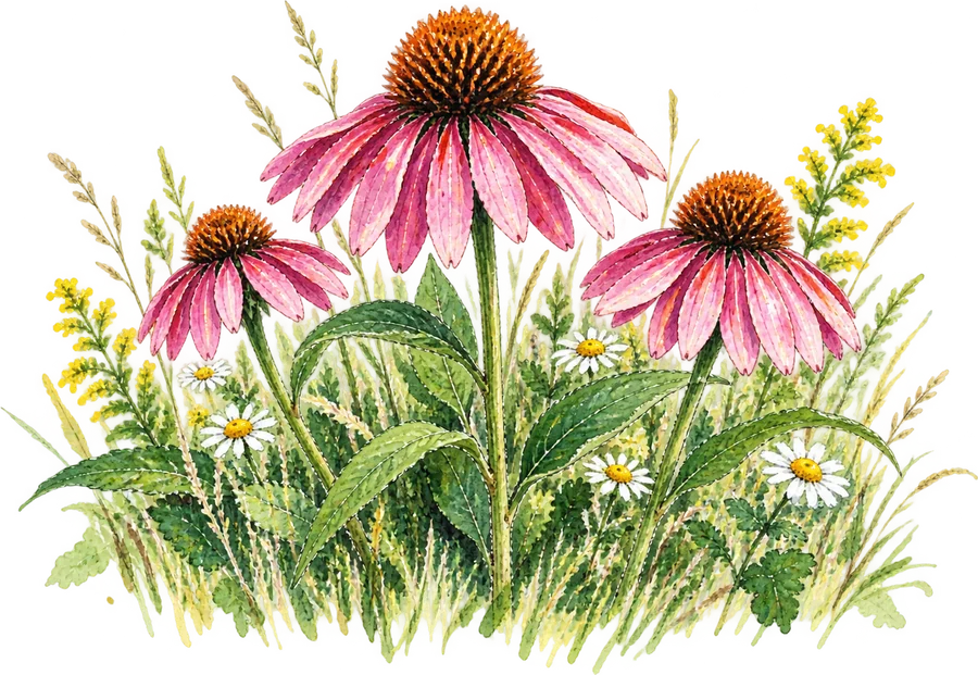 Watercolor of purple coneflowers, daisies, and goldenrod in a summer meadow.