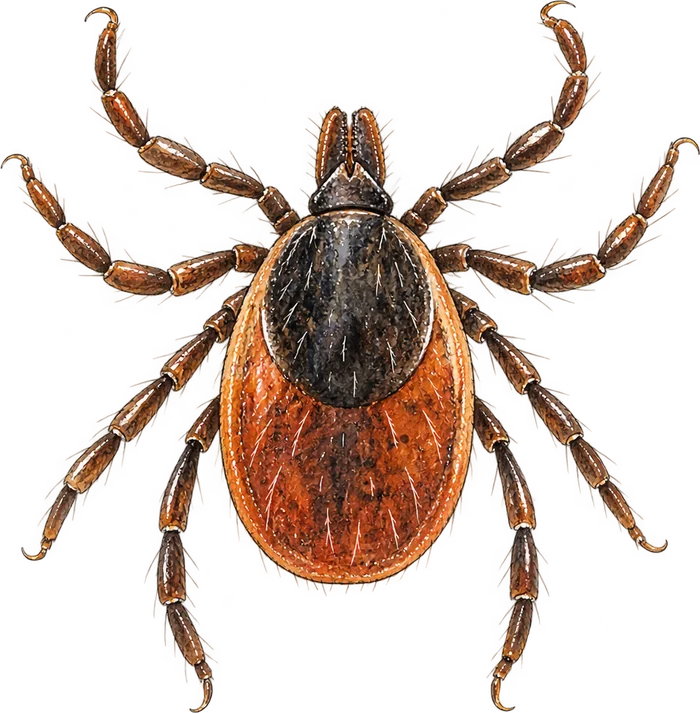 Watercolor study of an adult female blacklegged tick, Ixodes scapularis, seen from above.