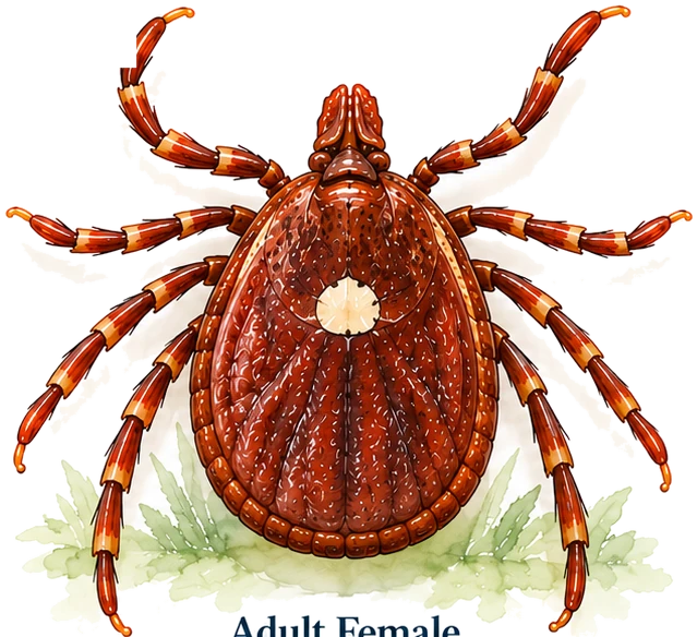Adult female lone star tick seen from above, showing the single pale spot on the back.