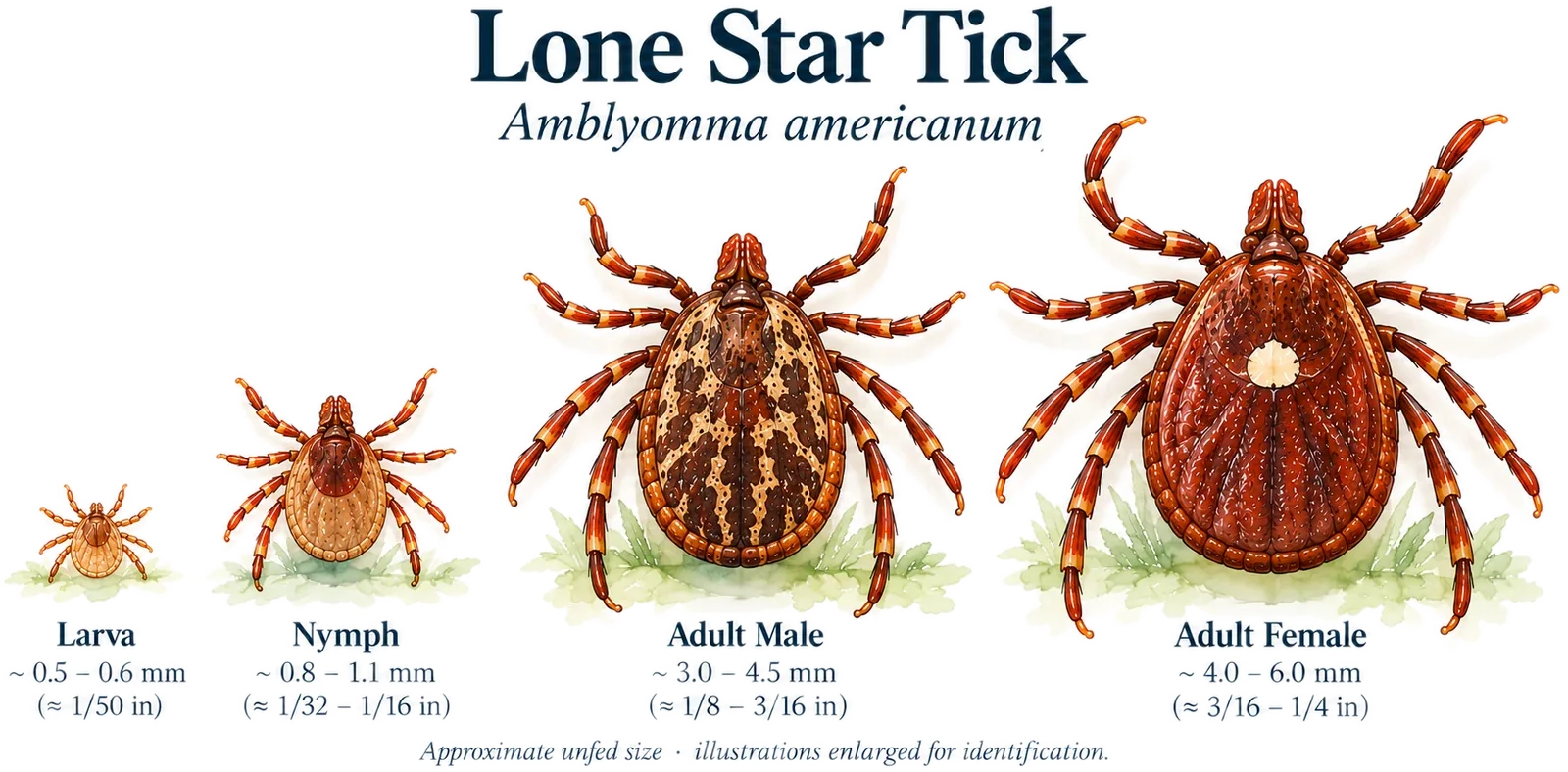 Watercolor plate of the lone star tick at four life stages: larva, nymph, adult male and adult female, with approximate unfed sizes.