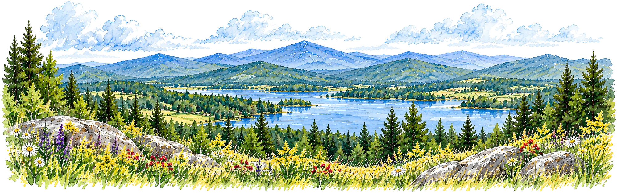 Watercolor panorama of a lake below forested hills and blue mountains.