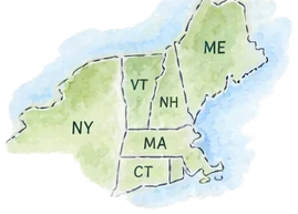 Watercolor map of the Northeast showing New York, Vermont, New Hampshire, Maine, Massachusetts and Connecticut.